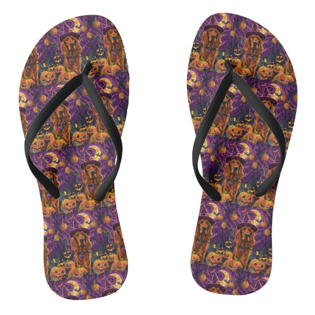 Spooky Irish Red Setter Halloween Witch Pumpkin  Flip Flops (Footbed)