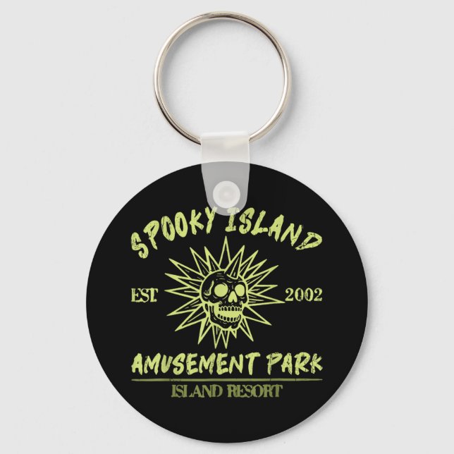 Spooky Island Est 2002 Amusement Park Skull Hallow Key Ring (Front)