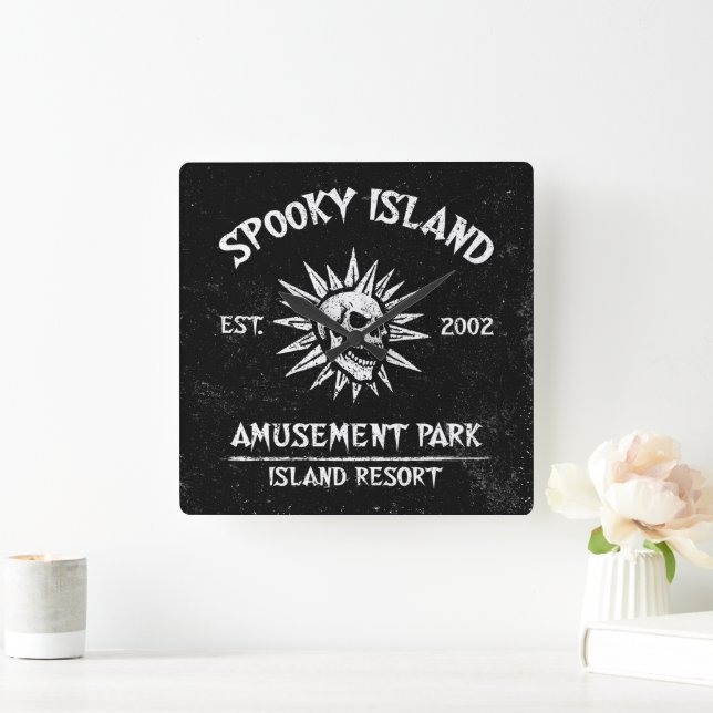Spooky Island Est 2002 Amusement Park Skull Square Wall Clock (Home)