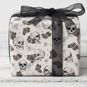 Spooky Ivory Floral Small Skull Halloween Wrapping Paper