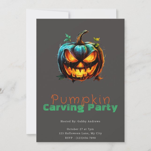 Spooky Jack-O' Lantern Grey Pumpkin Carving Party Invitation (Front)