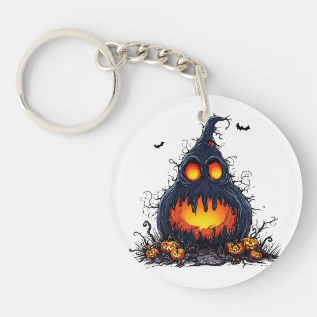 Spooky Jack O’Lantern Pumpkin with Glowing Eyes Key Ring (Front)