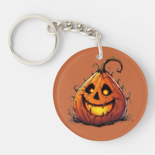 Spooky Jack O’Lantern Pumpkin with Glowing Eyes Key Ring (Front)