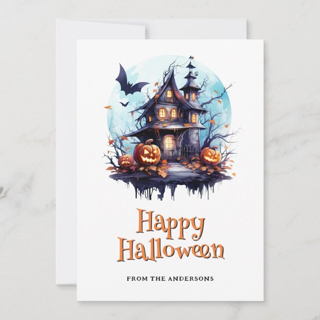Spooky Jack O’Lanterns Bats Ghost Halloween Card (Front)
