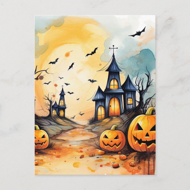 Spooky Jack O’Lanterns Bats Halloween  Holiday Postcard (Front)