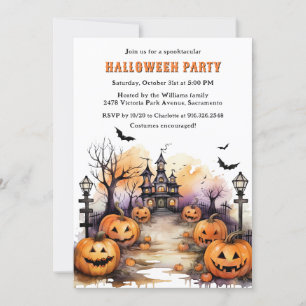 Spooky Jack O’Lanterns Bats Witch Halloween Party Invitation