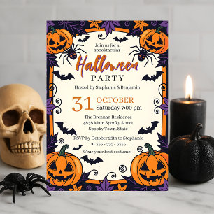 Spooky Jack-O'-Lanterns Spiders and Bats Halloween Invitation