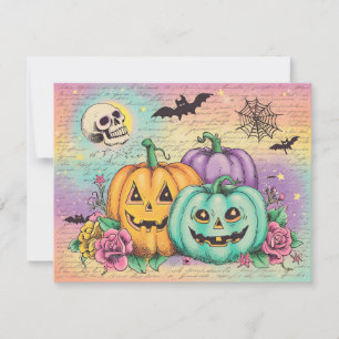 Spooky Jack-O'-Lanterns & Vintage Skull Halloween Holiday Card