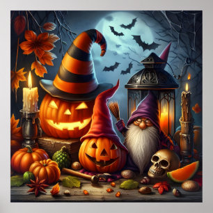 Spooky Jack-O-Lanterns with Gnome, Skull and Bats Poster