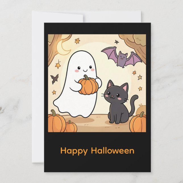 Spooky Kawaii Ghost Fun with Black Cat Invitation (Front)
