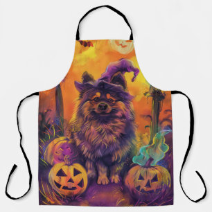Spooky Keeshond Dog Halloween Witch And Pumpkin  Apron