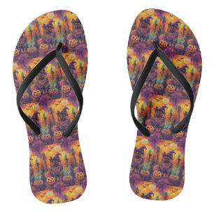 Spooky Keeshond Dog Halloween Witch And Pumpkin Flip Flops
