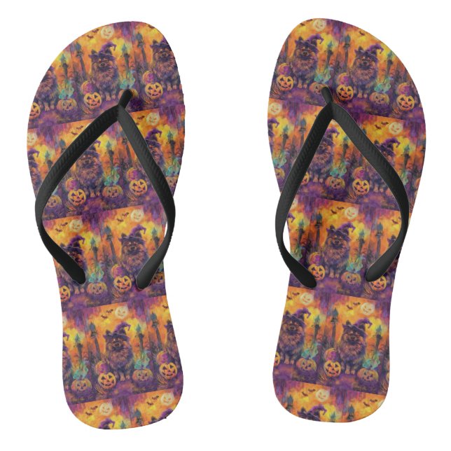 Spooky Keeshond Dog Halloween Witch And Pumpkin  Flip Flops (Footbed)