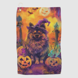Spooky Keeshond Dog Halloween Witch And Pumpkin Golf Towel