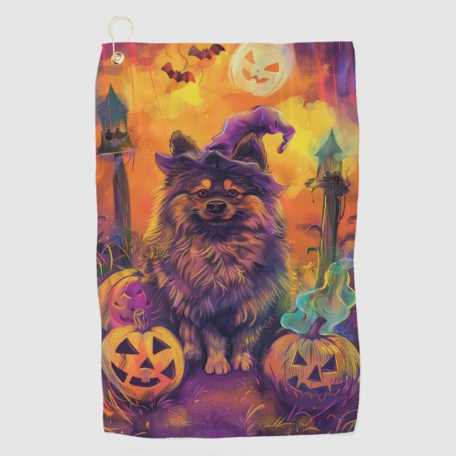 Spooky Keeshond Dog Halloween Witch And Pumpkin  Golf Towel (Front)