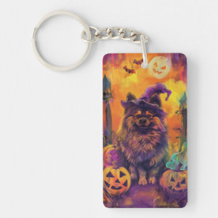 Spooky Keeshond Dog Halloween Witch And Pumpkin  Key Ring