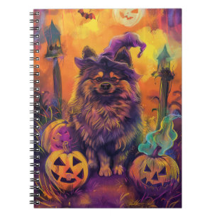 Spooky Keeshond Dog Halloween Witch And Pumpkin Notebook