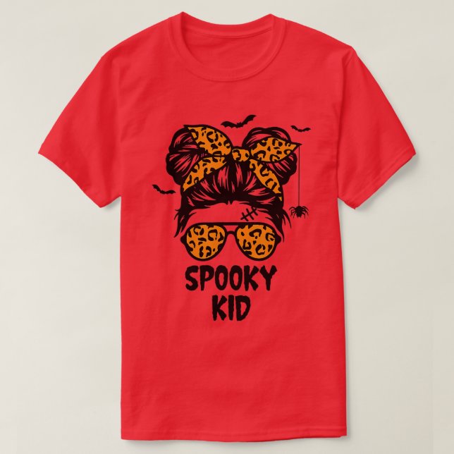 Spooky Kid Halloween  for Girls Youth Messy Bun Le T-Shirt (Design Front)