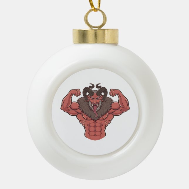 Spooky Krampus Christmas Flexing Muscle Fitness Ceramic Ball Christmas Ornament (Front)