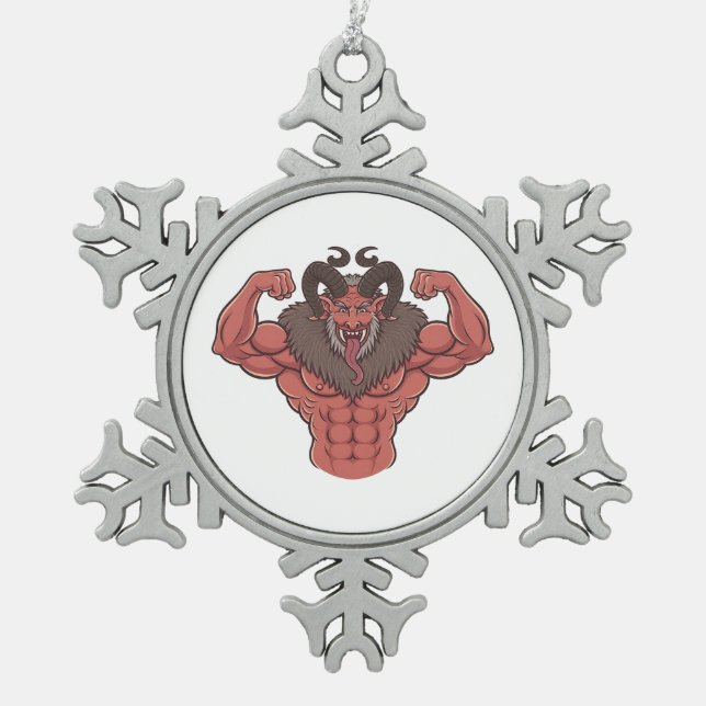 Spooky Krampus Christmas Flexing Muscle Fitness Snowflake Pewter Christmas Ornament (Front)