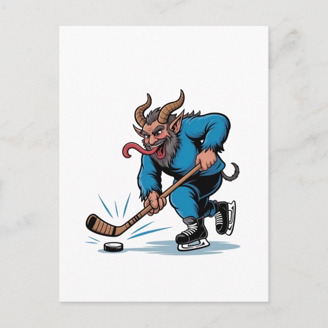 Spooky Krampus Playing Ice Hockey Christmas  Announcement Postcard (Front)