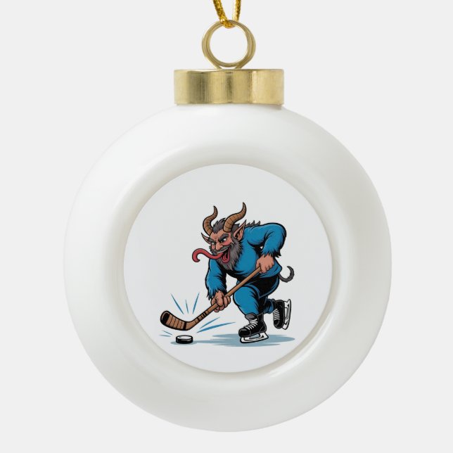 Spooky Krampus Playing Ice Hockey Christmas  Ceramic Ball Christmas Ornament (Front)