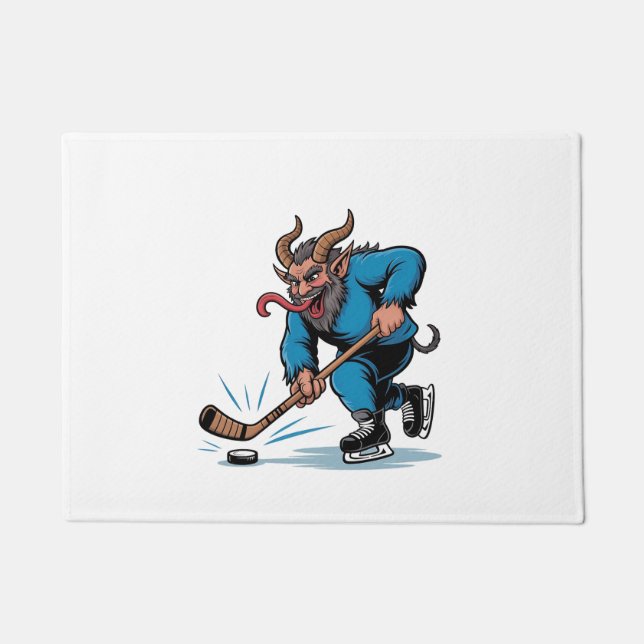 Spooky Krampus Playing Ice Hockey Christmas  Doormat (Front)