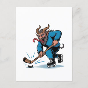 Spooky Krampus Playing Ice Hockey Christmas  Holiday Postcard