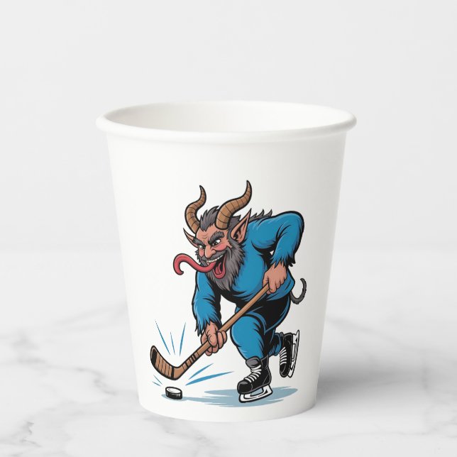 Spooky Krampus Playing Ice Hockey Christmas  Paper Cups (Front)