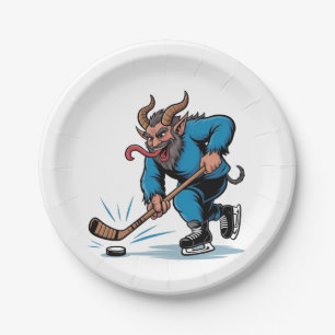 Spooky Krampus Playing Ice Hockey Christmas  Paper Plate