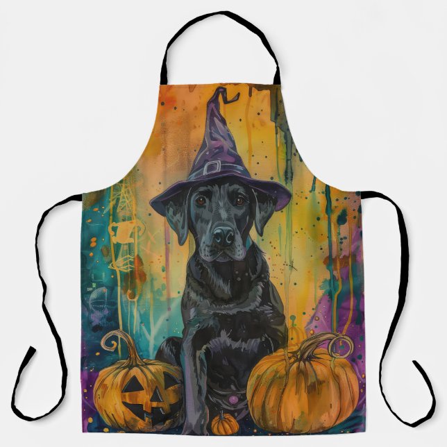 Spooky Labrador Dog Halloween Witch And Pumpkin Apron (Front)