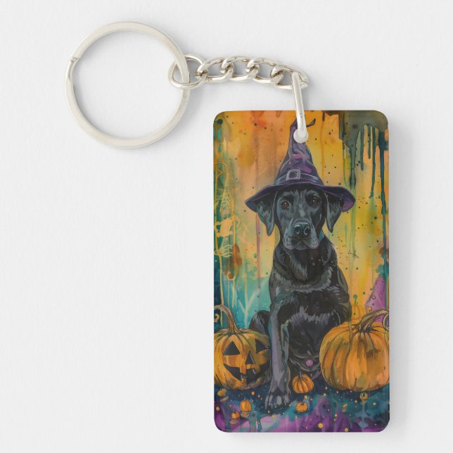 Spooky Labrador Dog Halloween Witch And Pumpkin Key Ring (Front)