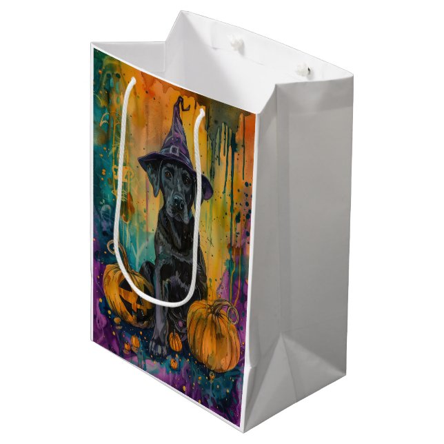 Spooky Labrador Dog Halloween Witch And Pumpkin Medium Gift Bag (Front Angled)