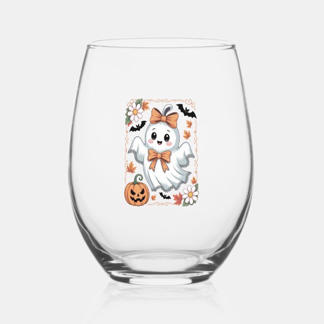 Spooky Lace Ghost Halloween Stemless Wine Glass (Front)