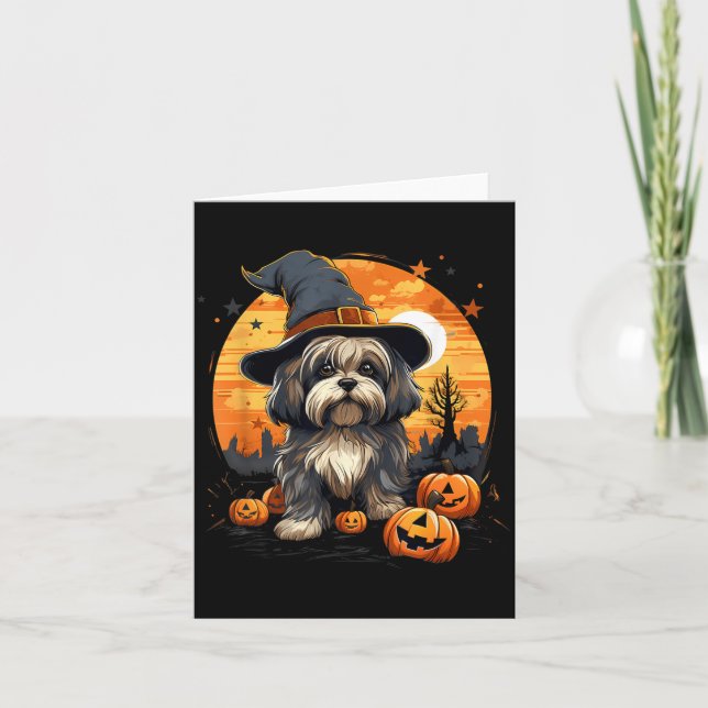 Spooky Lhasa Apso Dog Witch Halloween Card (Front)