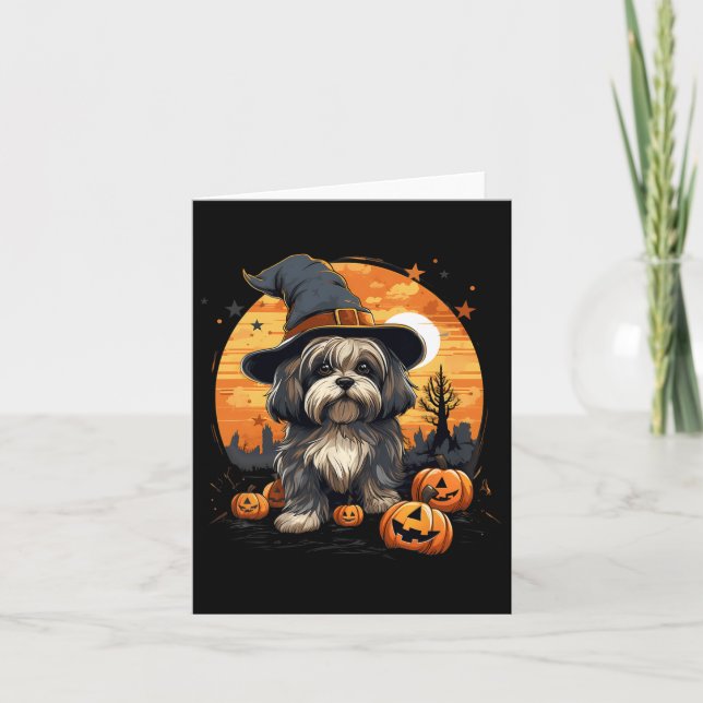 Spooky Lhasa Apso Dog Witch Halloween  Card (Front)