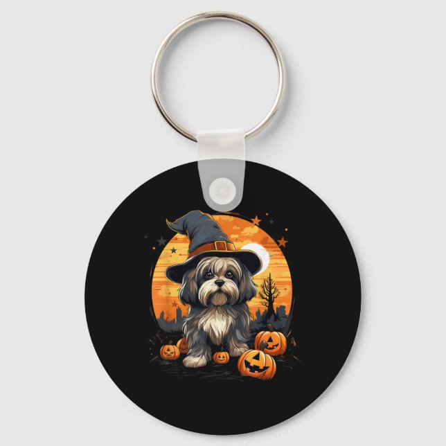 Spooky Lhasa Apso Dog Witch Halloween Key Ring (Front)