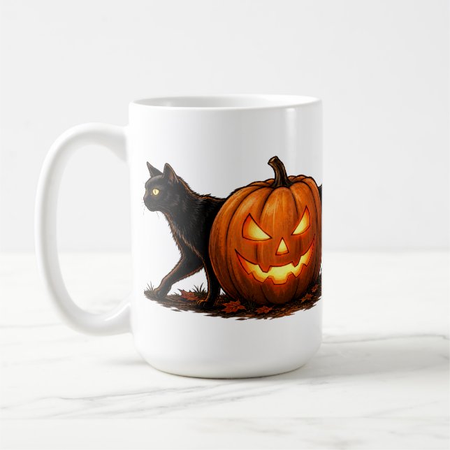 Spooky Long Black Cat Behind Glowing Pumpkin Coffee Mug (Left)