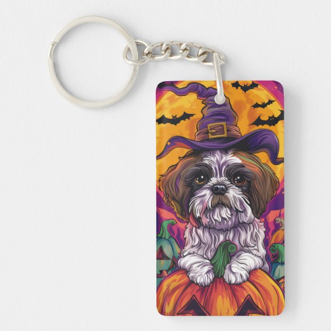 Spooky Malti Tzu Dog Halloween Witch And Pumpkin Key Ring (Front)
