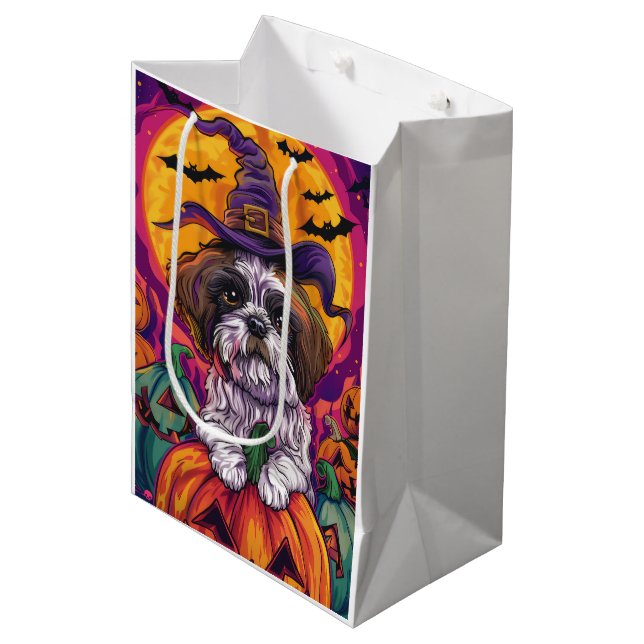 Spooky Malti Tzu Dog Halloween Witch And Pumpkin Medium Gift Bag (Front Angled)