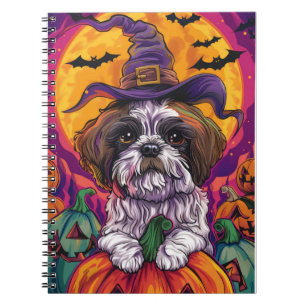 Spooky Malti Tzu Dog Halloween Witch And Pumpkin Notebook