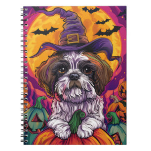 Spooky Malti Tzu Dog Halloween Witch And Pumpkin Notebook