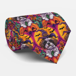 Spooky Malti Tzu Dog Halloween Witch And Pumpkin Tie