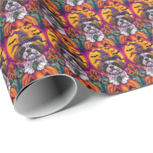 Spooky Malti Tzu Dog Halloween Witch And Pumpkin Wrapping Paper