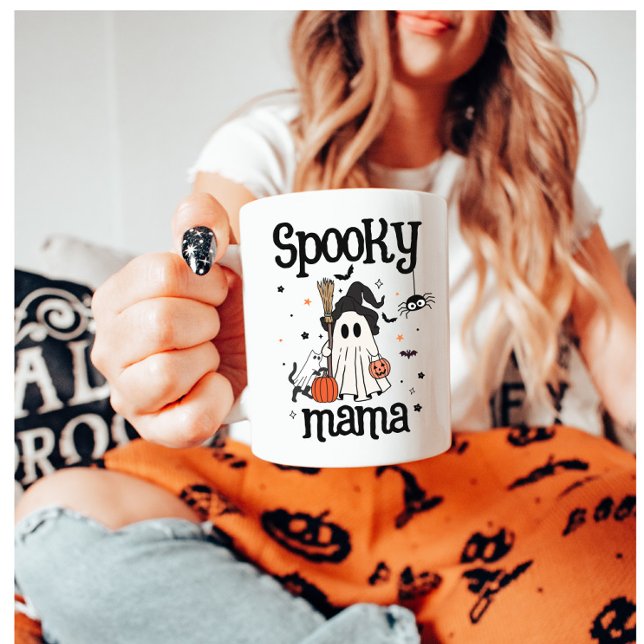Spooky Mama Halloween – Cute Ghost, Cat & Pumpkins Coffee Mug (Creator Uploaded)