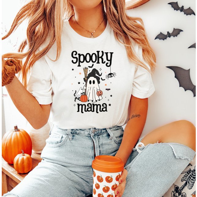Spooky Mama Halloween – Cute Ghost, Cat & Pumpkins T-Shirt (Creator Uploaded)