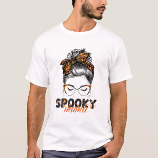 Spooky Mama Leopard Bandanna Messy Bun Halloween C T-Shirt