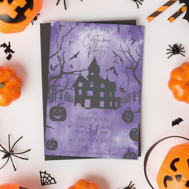 Spooky Mansion Halloween Costume Party Purple Invitation (Creator Uploaded)