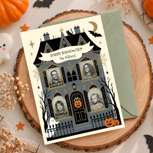 Spooky Mansion Multi Photo Personalised Halloween Holiday Card