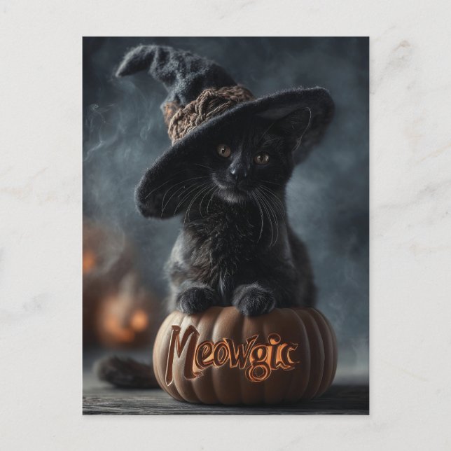 Spooky "Meowgic" Black Cat in a Witch Hat Holiday Postcard (Front)